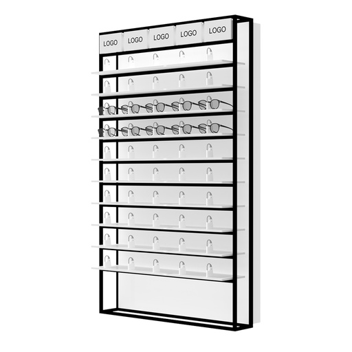 Expositor de pared STK Unilock con estantes LED, incluye 5 porta logotipos, 930x1530x320 mm