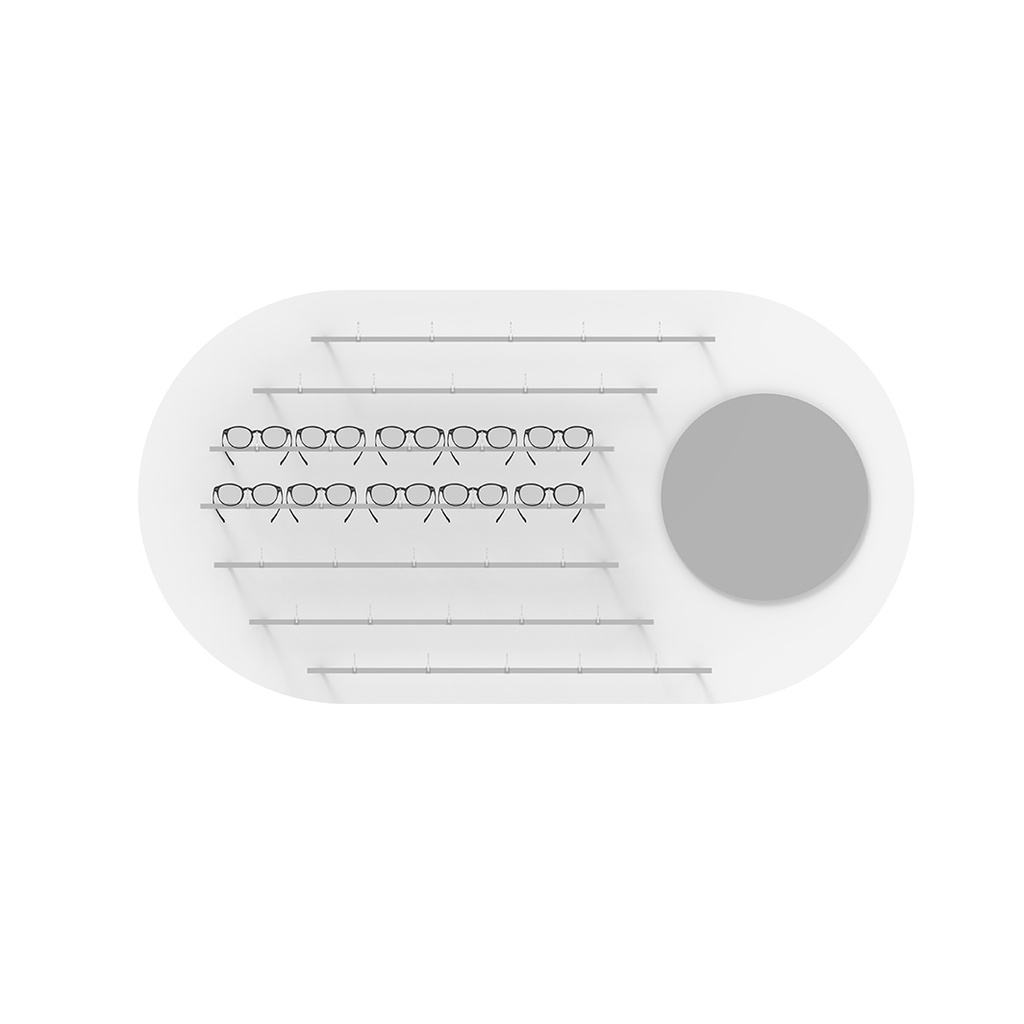 Présentoir mural Clear Look Kids avec miroir, forme ovale, 7 rails (35 montures), 1500x800x280 mm