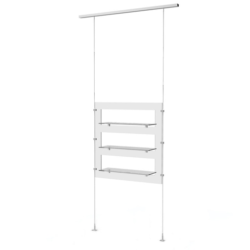 Sky Line display, plate with 3 transparent shelves, acrylic, 900x1600-4500 mm