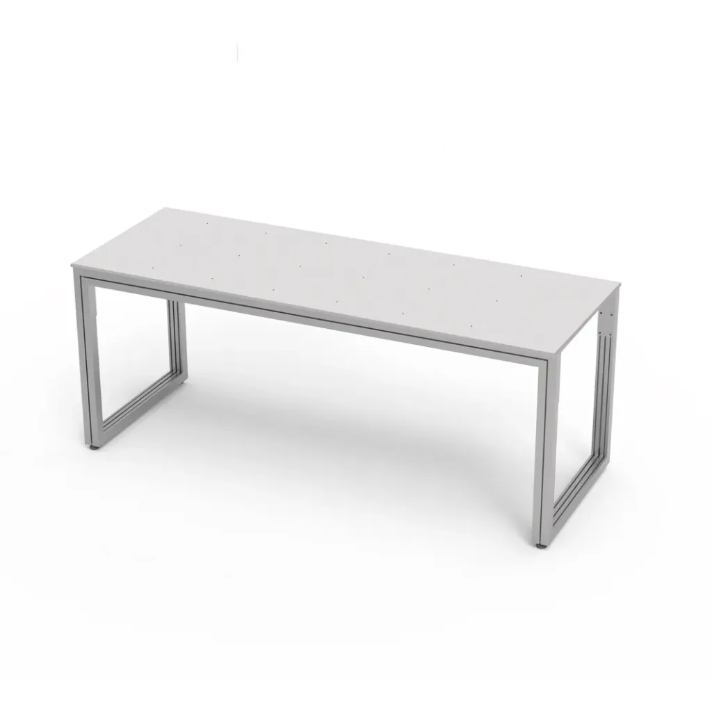 Mesa para escaparate, estructura de aluminio, placa superior acrílica con agujeros