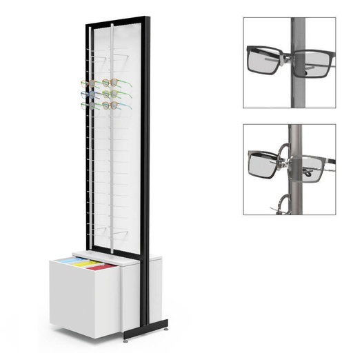 Espositore FS, 1 grande cassetto per astucci (120), lastra fissa con 4 aste (72), 552x1980x400 mm