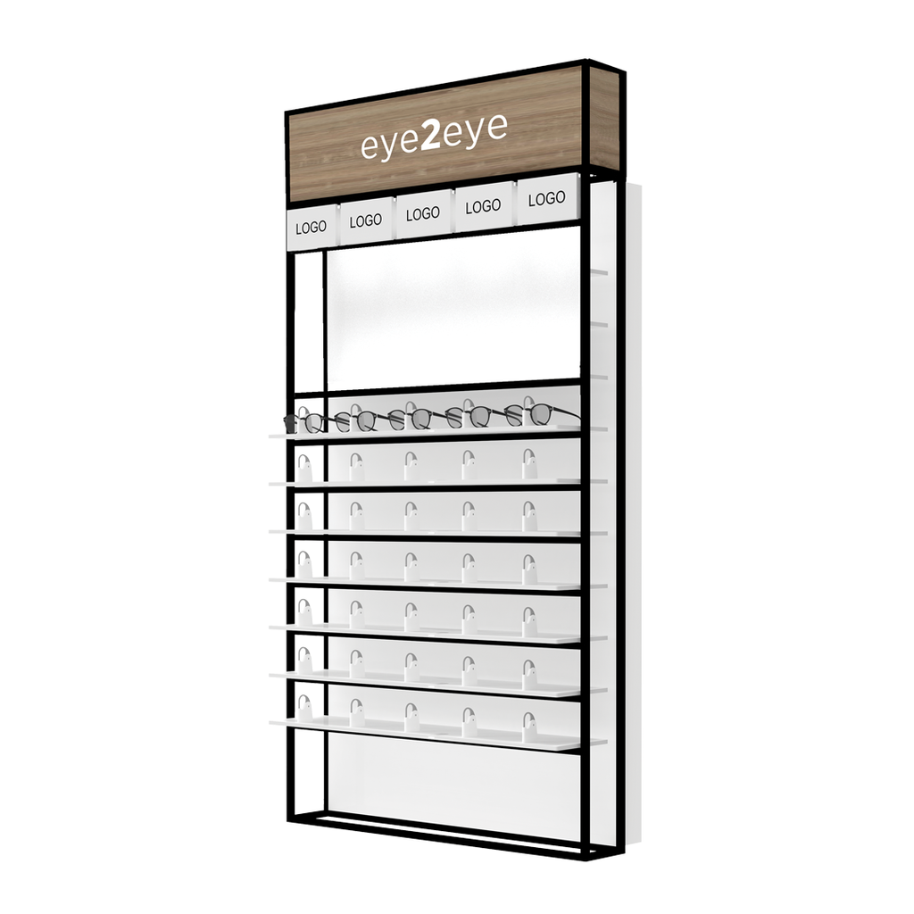 STK UniLock zidni prezenter, LED police, deko kapa, 5 držača logotipa, 930x1780x320 mm